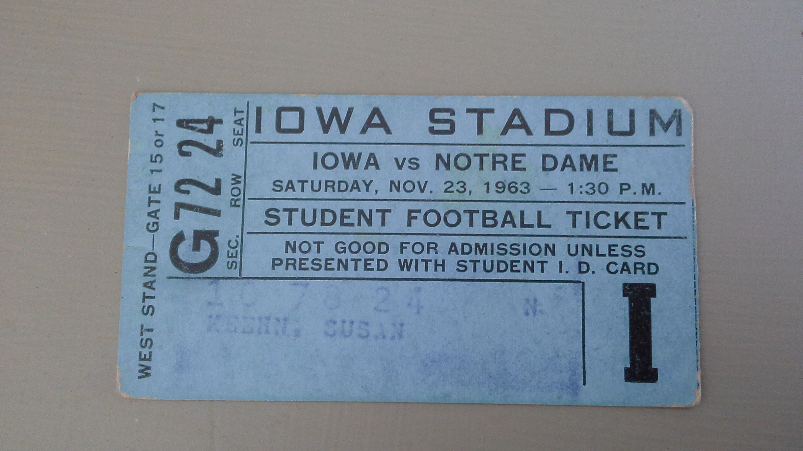 Football Ticket from Iowa vs Notre Dame, Nov. 23, 1963