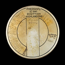 University of Iowa's Scottish Highlanders autographed drum head, 1961-1985